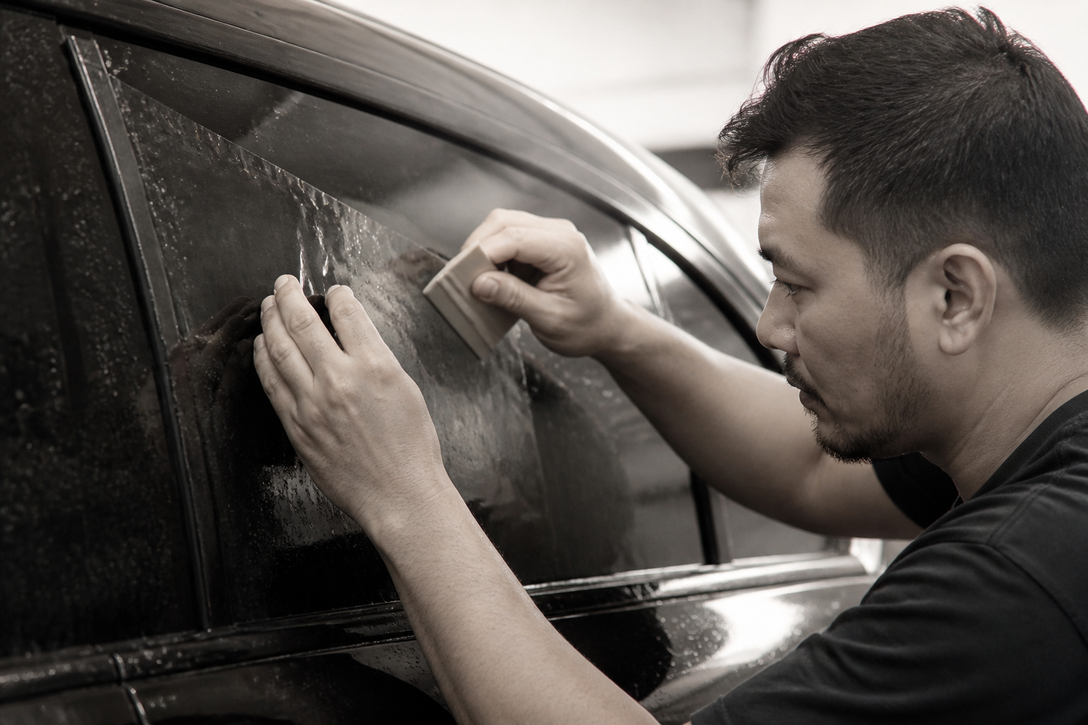 Installer carefully fitting tint film to a car window